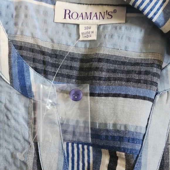 Roaman's Womens Multi-colored Striped V-neck Button Top Size 30W NWOT Seersucker - Picture 11 of 12